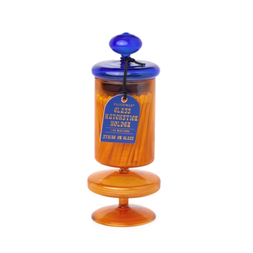 bubble glass match holder with 6.5 cm tall safety matches - funky amber by designworks collective